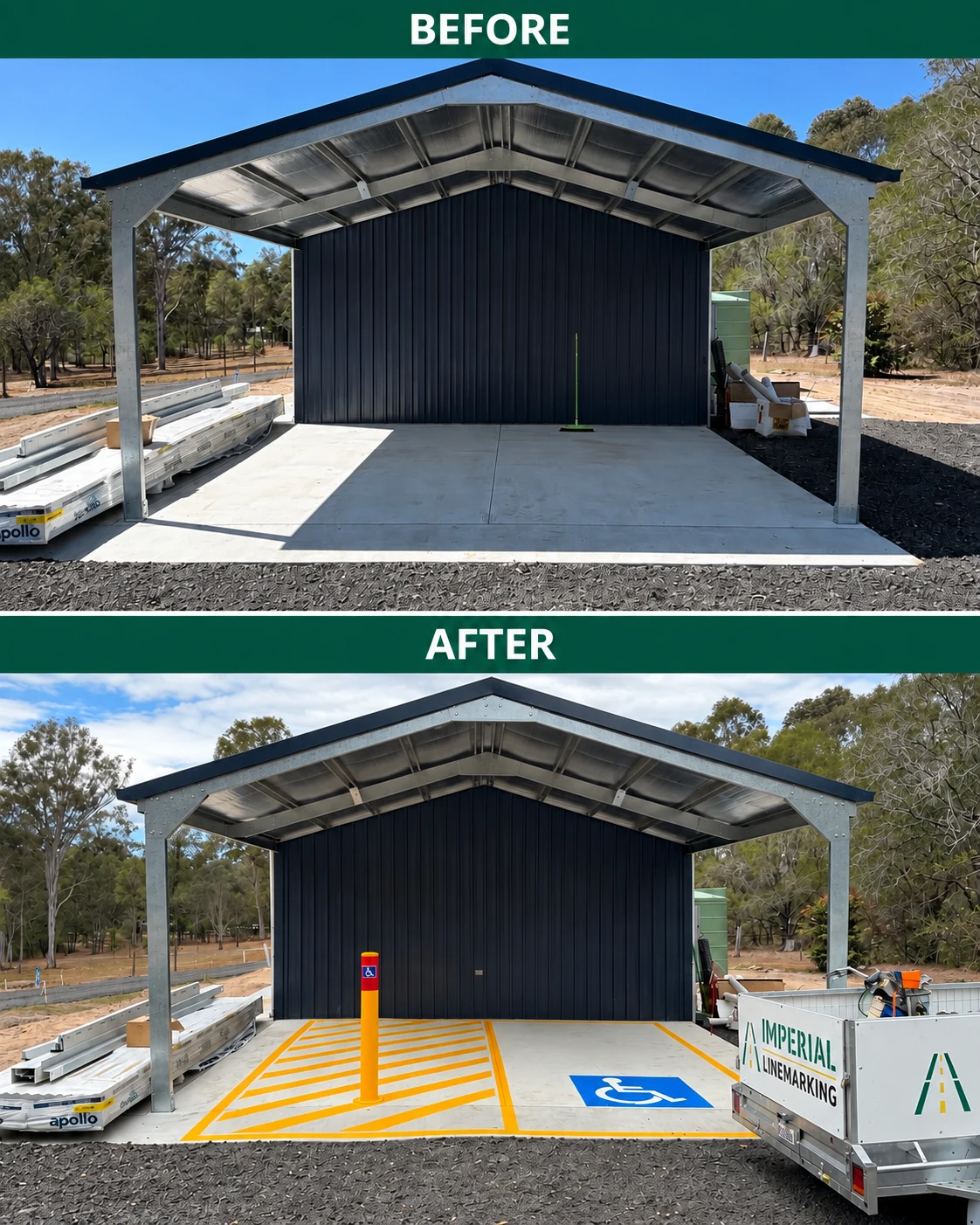 Before and after of an accessible parking bay: empty concrete before, then an accessible bay with a blue wheelchair symbol, yellow shared-zone hatching and safety bollard